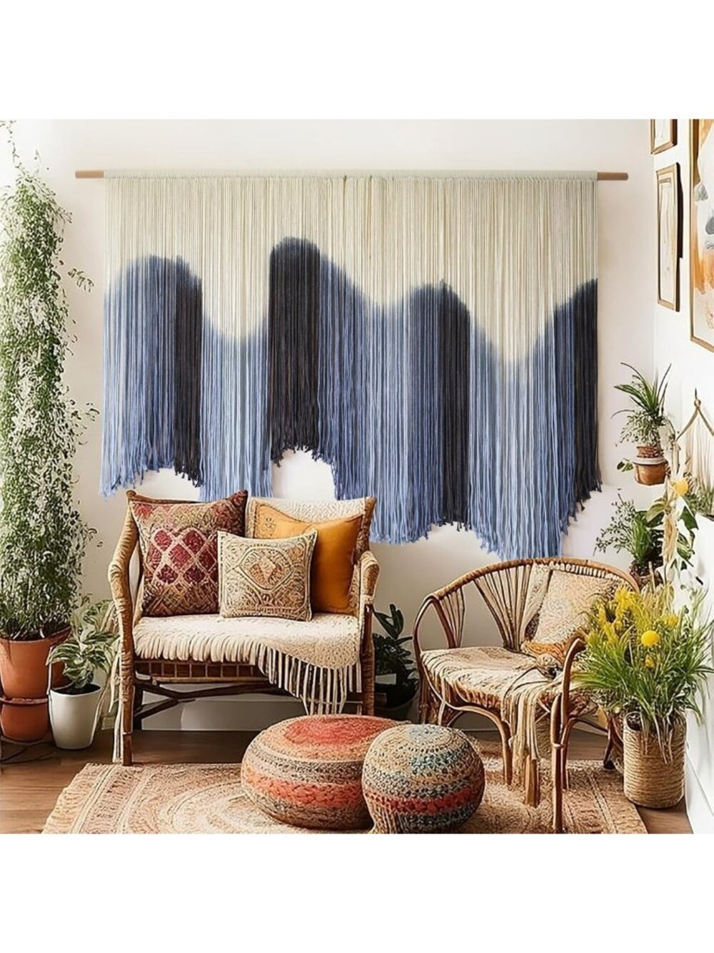 Large Hand-Dyed Blue Macrame Wall Hanging Tapestry - Ombre Fiber Art 57"x39
